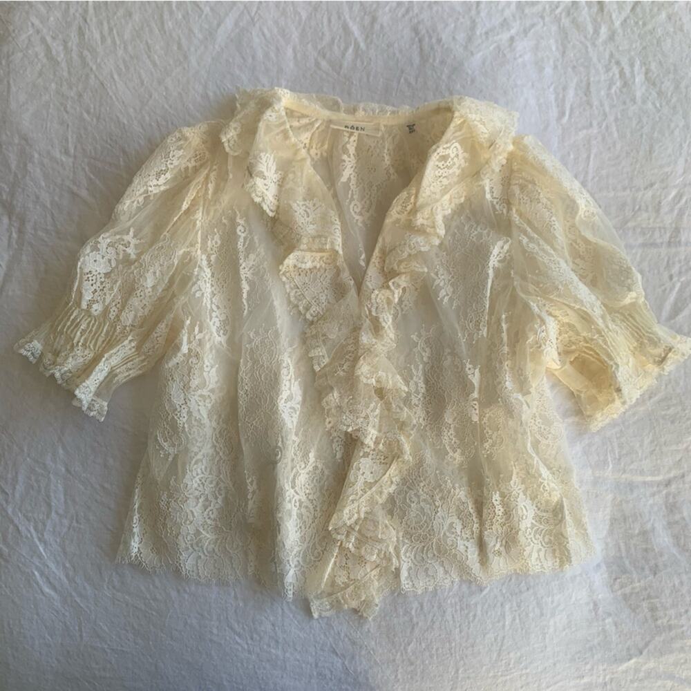 Doen Henri Lace Ruffle Sheer Puff Shoulder Blouse Top Sea Salt Cream Ivory - Picture 9 of 14